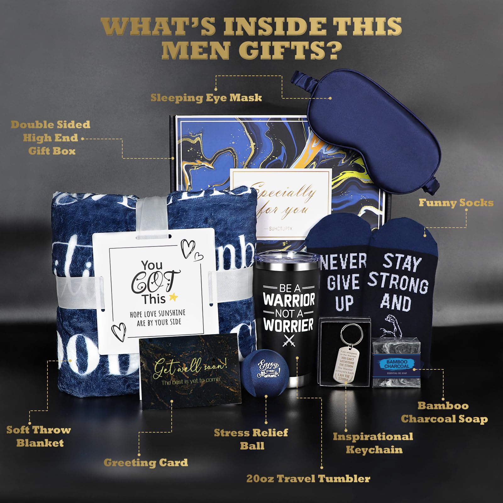 Get Well Soon Gifts for Men, Care Package for Men Get Well Gift Basket with Inspirational Blanket Socks Comfort Items for After